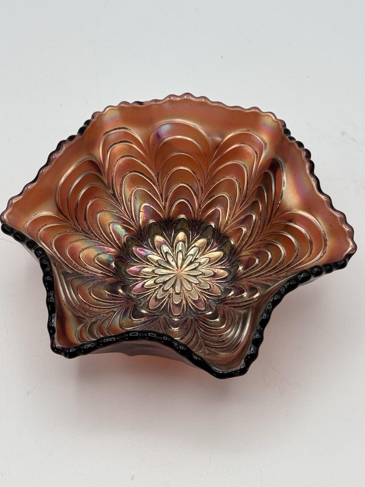 Vintage Carnival Glass Bowl Brown Iridescent Ruffled Edge 4.75”