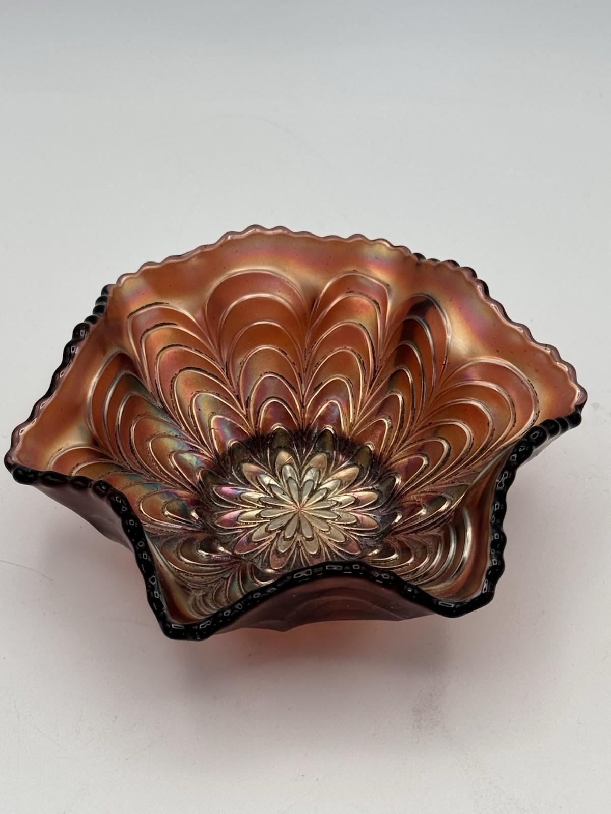 Vintage Carnival Glass Bowl Brown Iridescent Ruffled Edge 4.75”