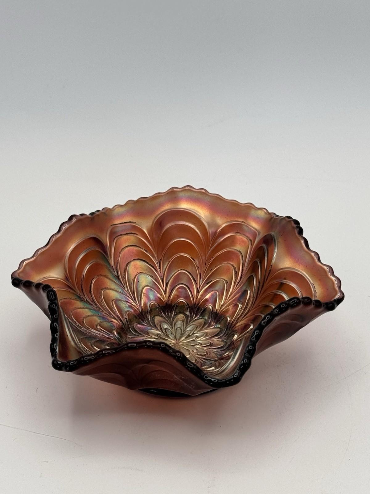 Vintage Carnival Glass Bowl Brown Iridescent Ruffled Edge 4.75”