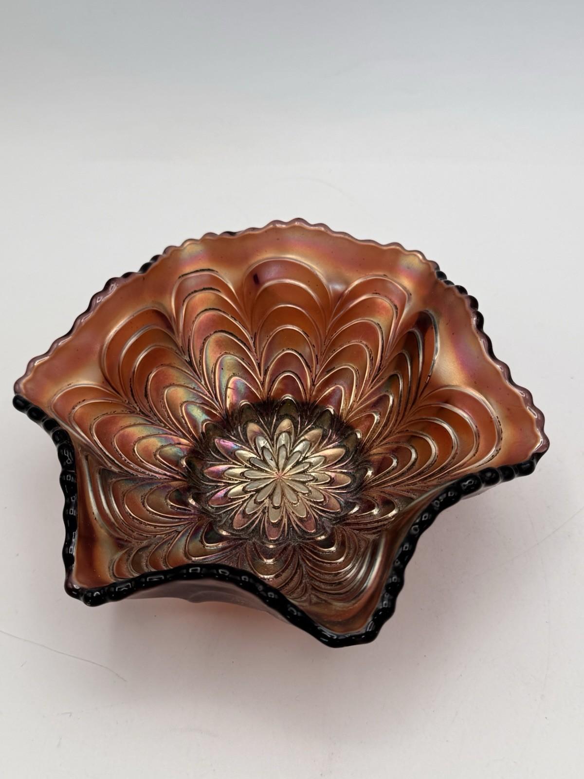 Vintage Carnival Glass Bowl Brown Iridescent Ruffled Edge 4.75”
