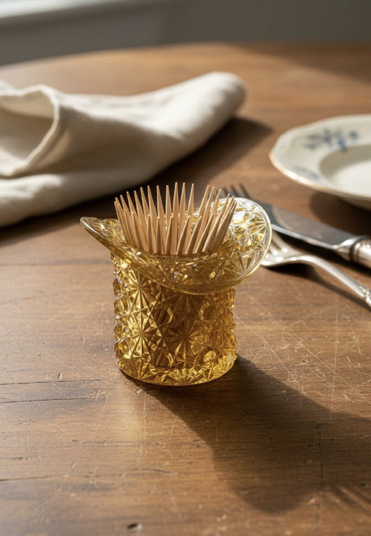 Vintage Yellow Pressed Glass Top Hat Toothpick Holder Small Glass Vessel