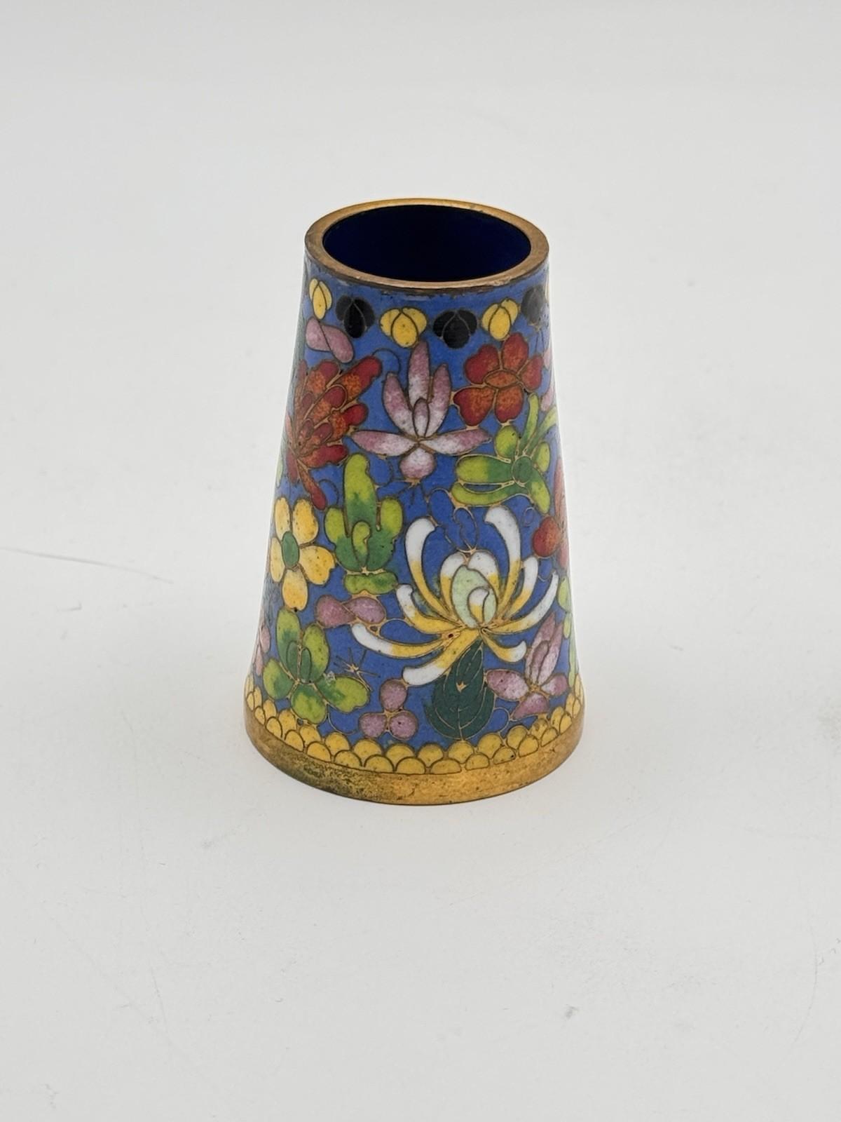 Vintage Cloisonne Enamel Brush Pen Holder Floral Cobalt Blue Gold Rim 2.75”
