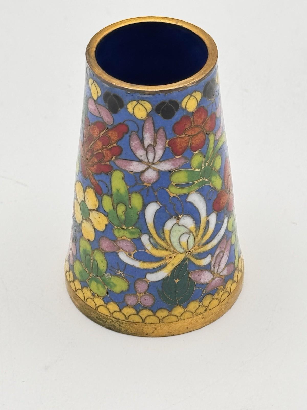 Vintage Cloisonne Enamel Brush Pen Holder Floral Cobalt Blue Gold Rim 2.75”