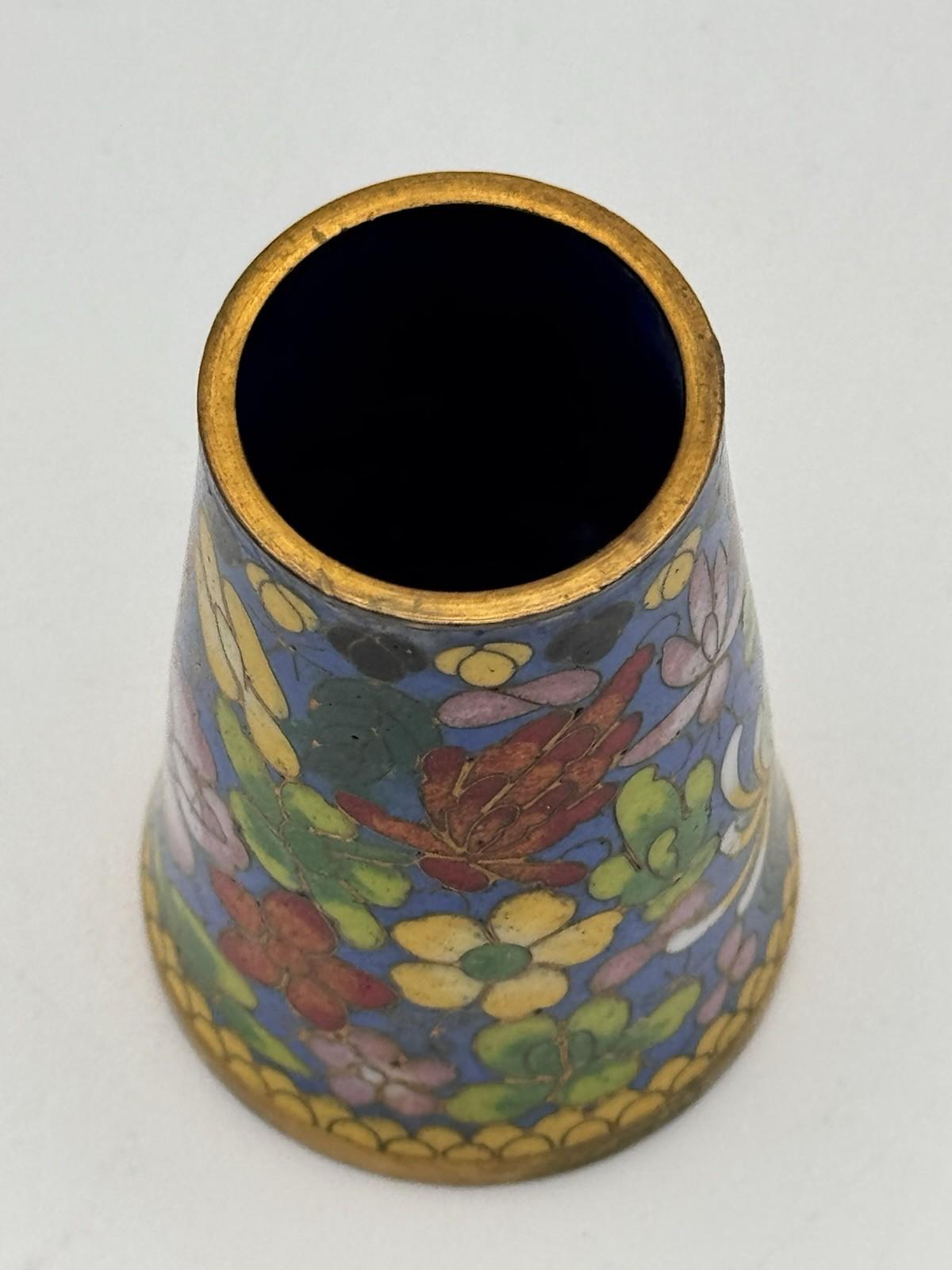 Vintage Cloisonne Enamel Brush Pen Holder Floral Cobalt Blue Gold Rim 2.75”