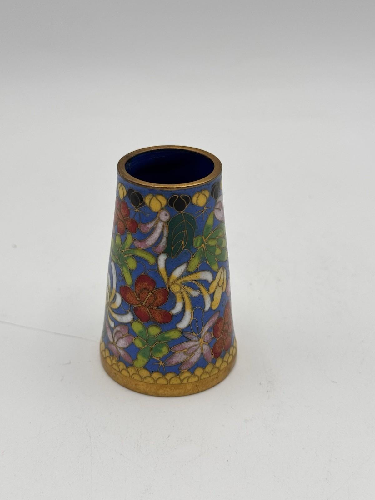 Vintage Cloisonne Enamel Brush Pen Holder Floral Cobalt Blue Gold Rim 2.75”