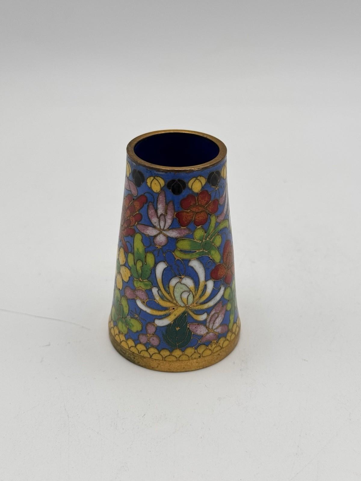Vintage Cloisonne Enamel Brush Pen Holder Floral Cobalt Blue Gold Rim 2.75”