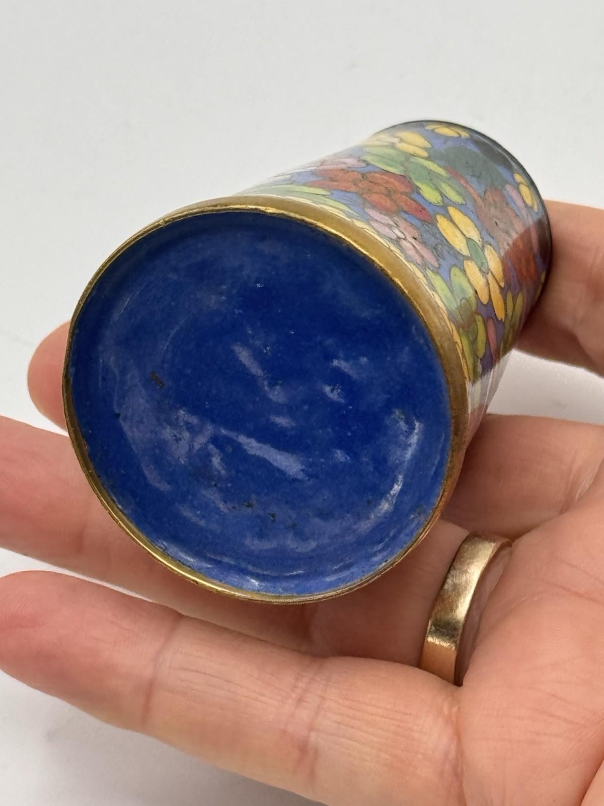 Vintage Cloisonne Enamel Brush Pen Holder Floral Cobalt Blue Gold Rim 2.75”