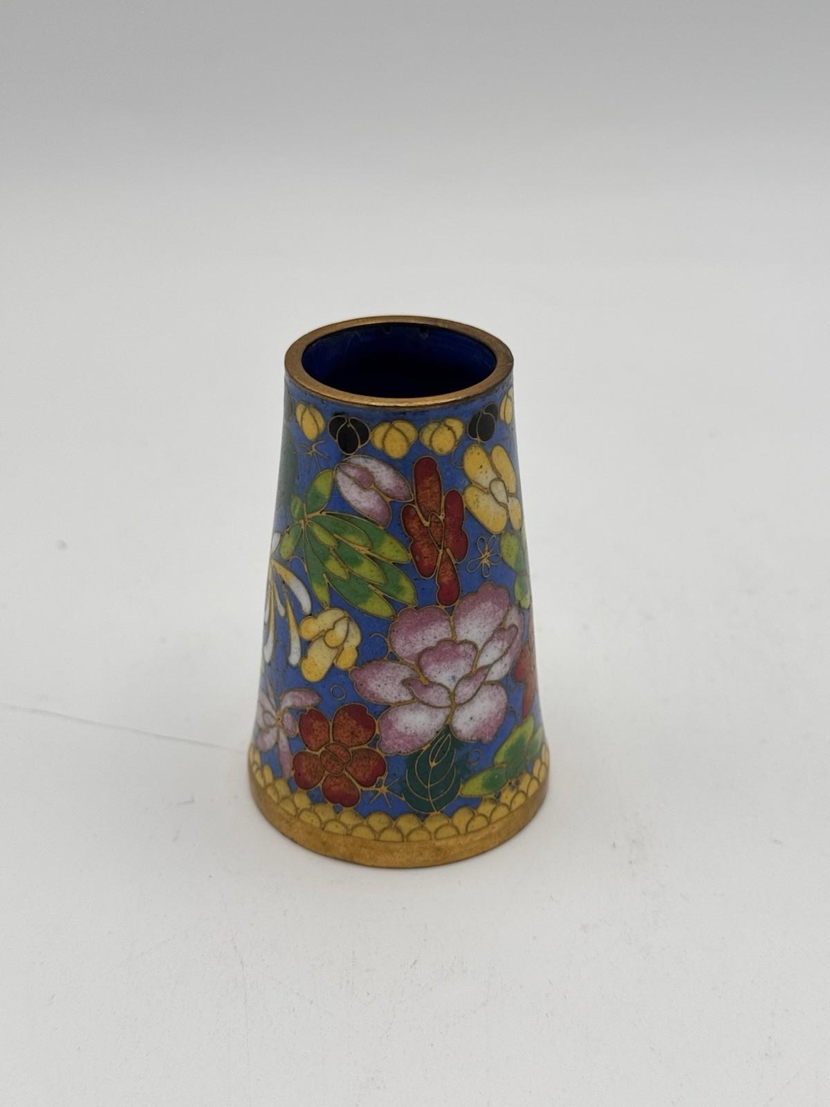 Vintage Cloisonne Enamel Brush Pen Holder Floral Cobalt Blue Gold Rim 2.75”