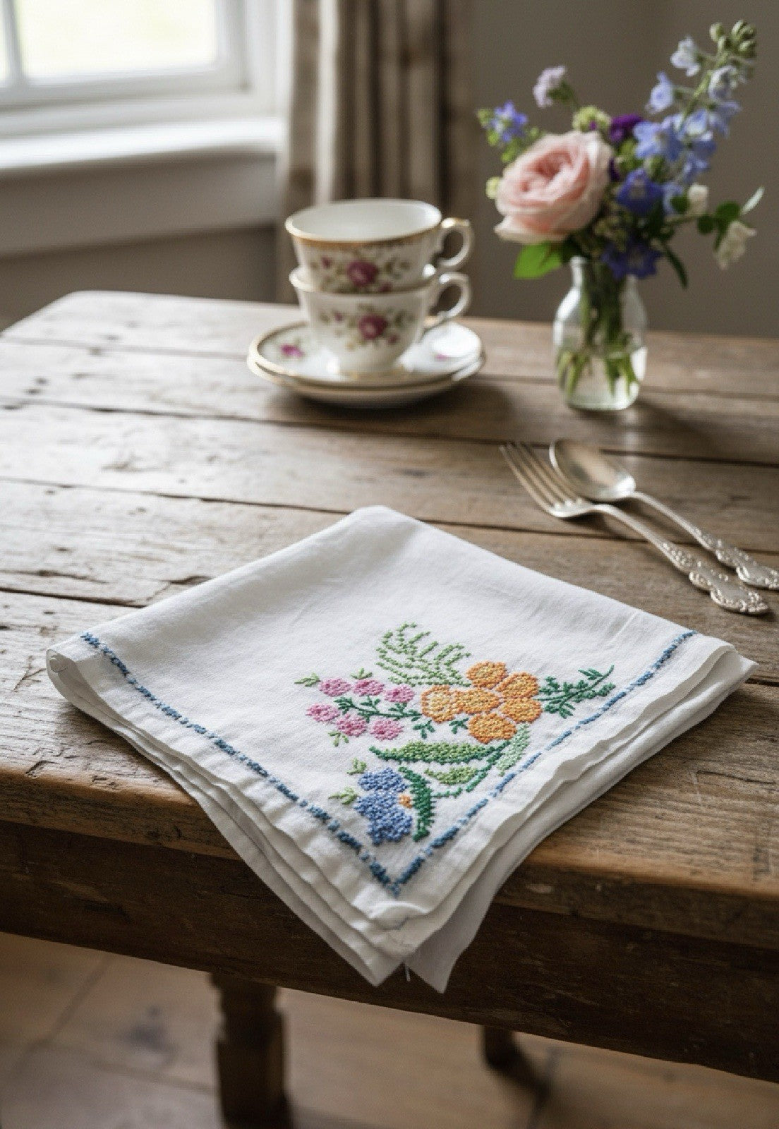 Vintage Cotton Centerpiece Tablecloth Hand Cross Stitch Floral 33.5” Square