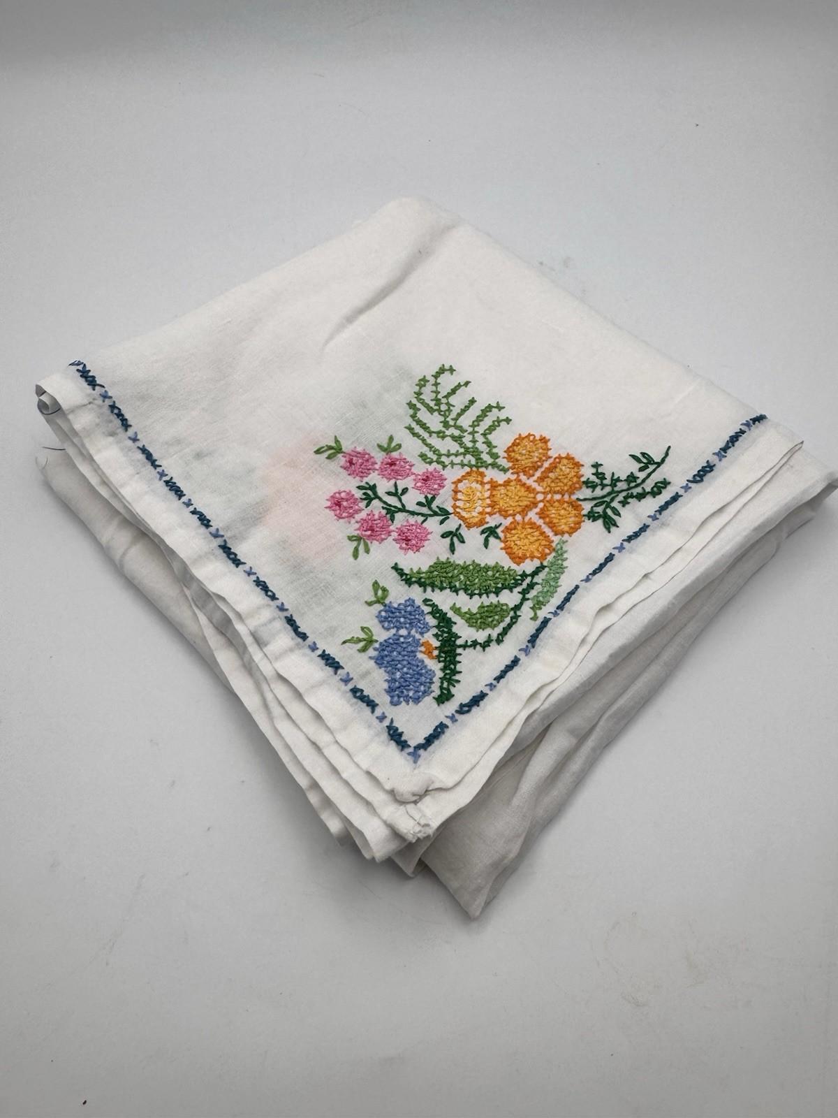 Vintage Cotton Centerpiece Tablecloth Hand Cross Stitch Floral 33.5” Square