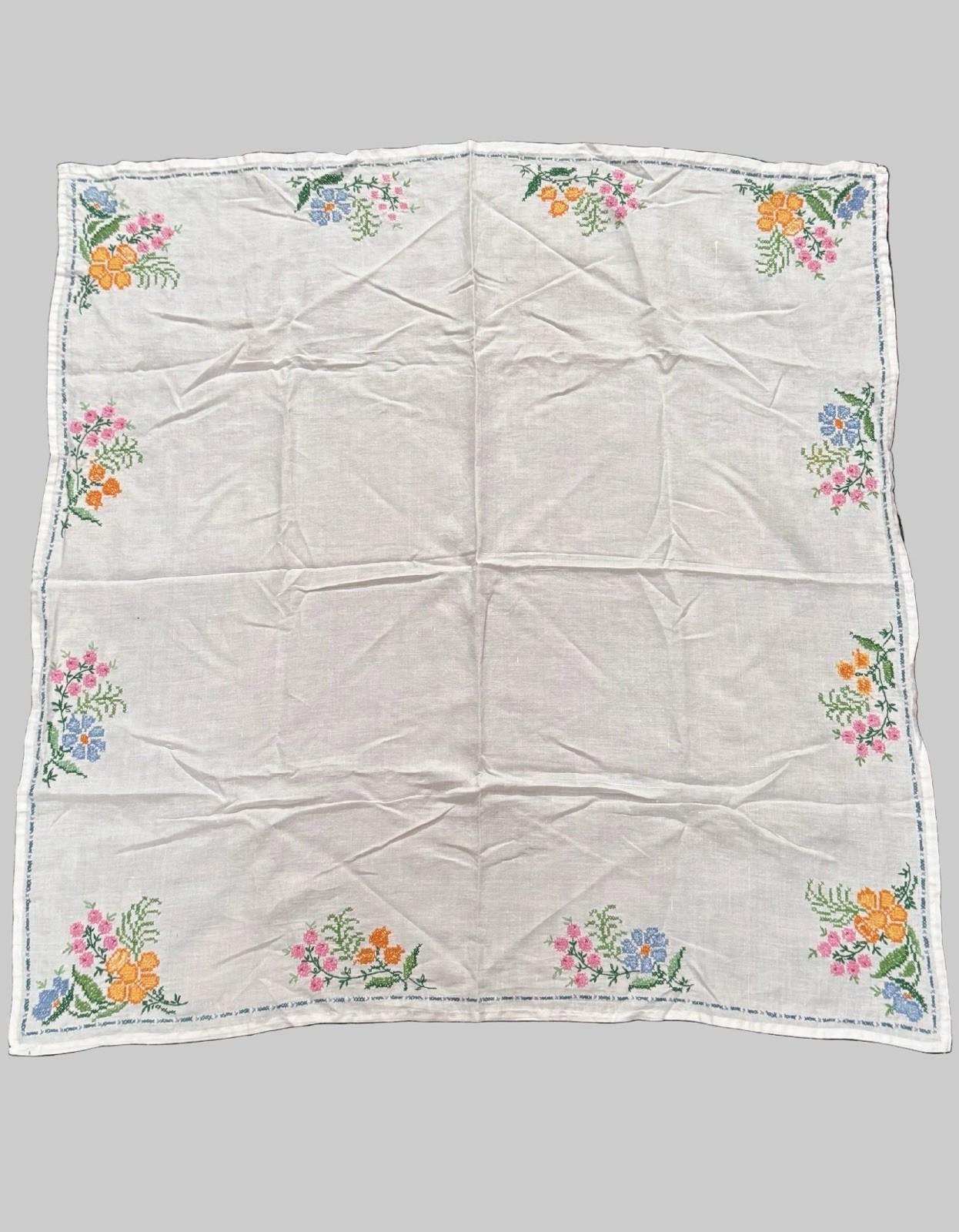 Vintage Cotton Centerpiece Tablecloth Hand Cross Stitch Floral 33.5” Square