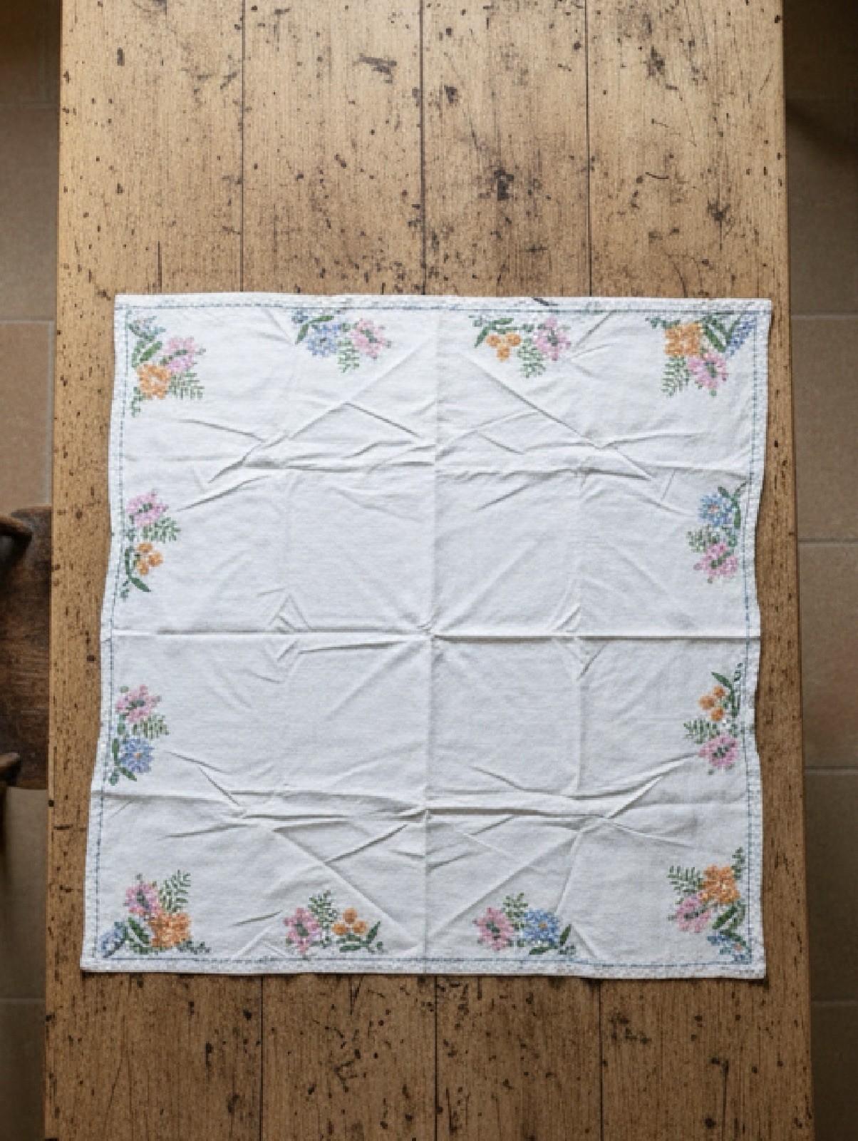 Vintage Cotton Centerpiece Tablecloth Hand Cross Stitch Floral 33.5” Square