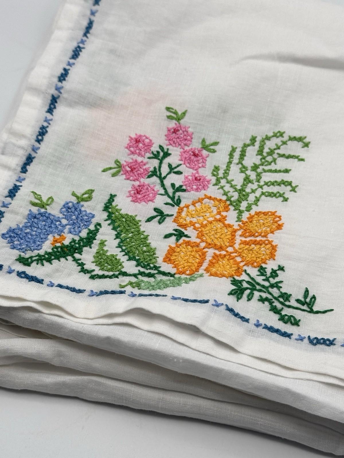 Vintage Cotton Centerpiece Tablecloth Hand Cross Stitch Floral 33.5” Square