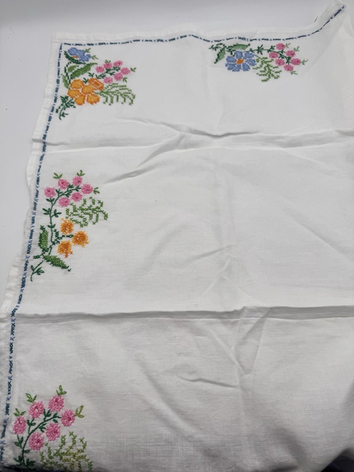 Vintage Cotton Centerpiece Tablecloth Hand Cross Stitch Floral 33.5” Square