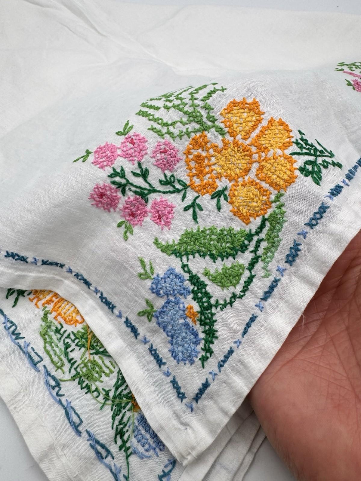 Vintage Cotton Centerpiece Tablecloth Hand Cross Stitch Floral 33.5” Square