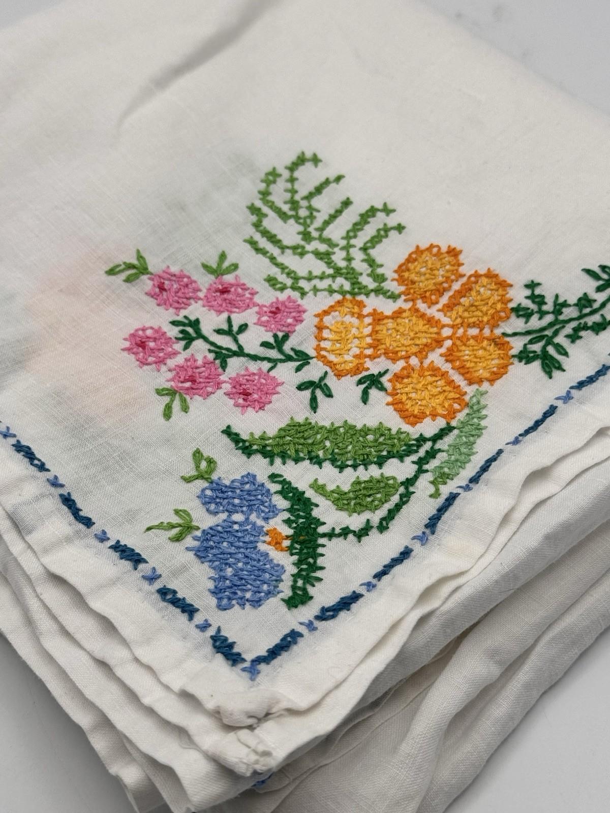 Vintage Cotton Centerpiece Tablecloth Hand Cross Stitch Floral 33.5” Square
