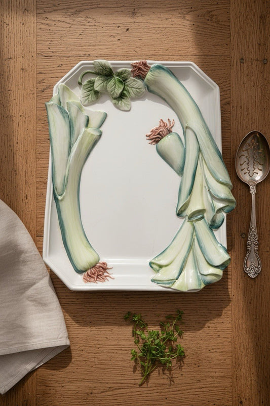 Vintage Platter Leek Scallion Majolica Octagonal Tray Carraro Italy Hand Painted