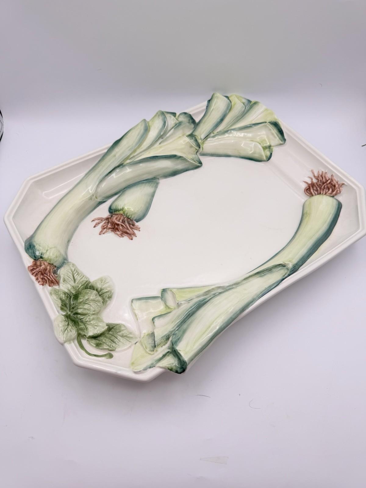 Vintage Platter Leek Scallion Majolica Octagonal Tray Carraro Italy Hand Painted