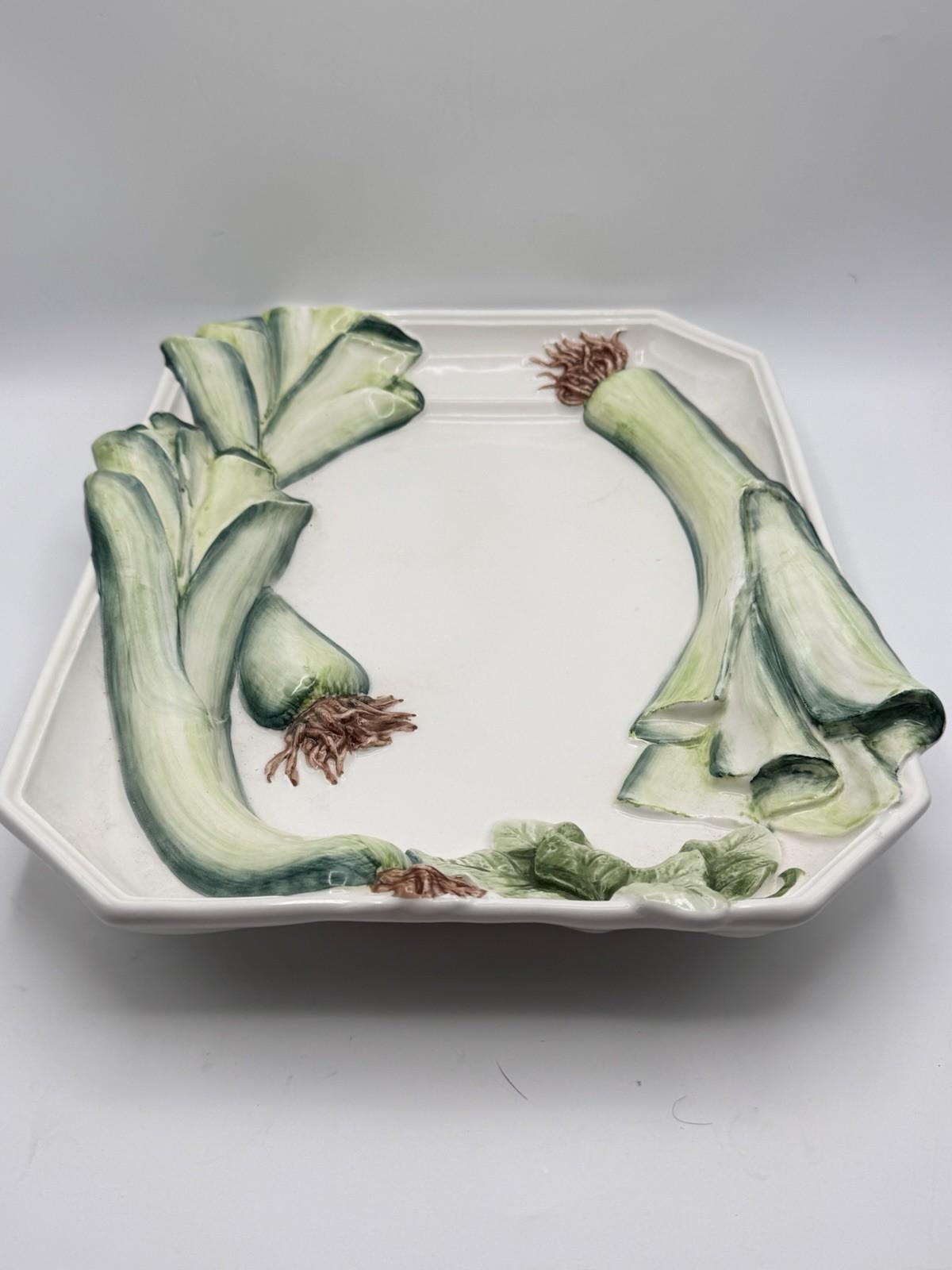 Vintage Platter Leek Scallion Majolica Octagonal Tray Carraro Italy Hand Painted