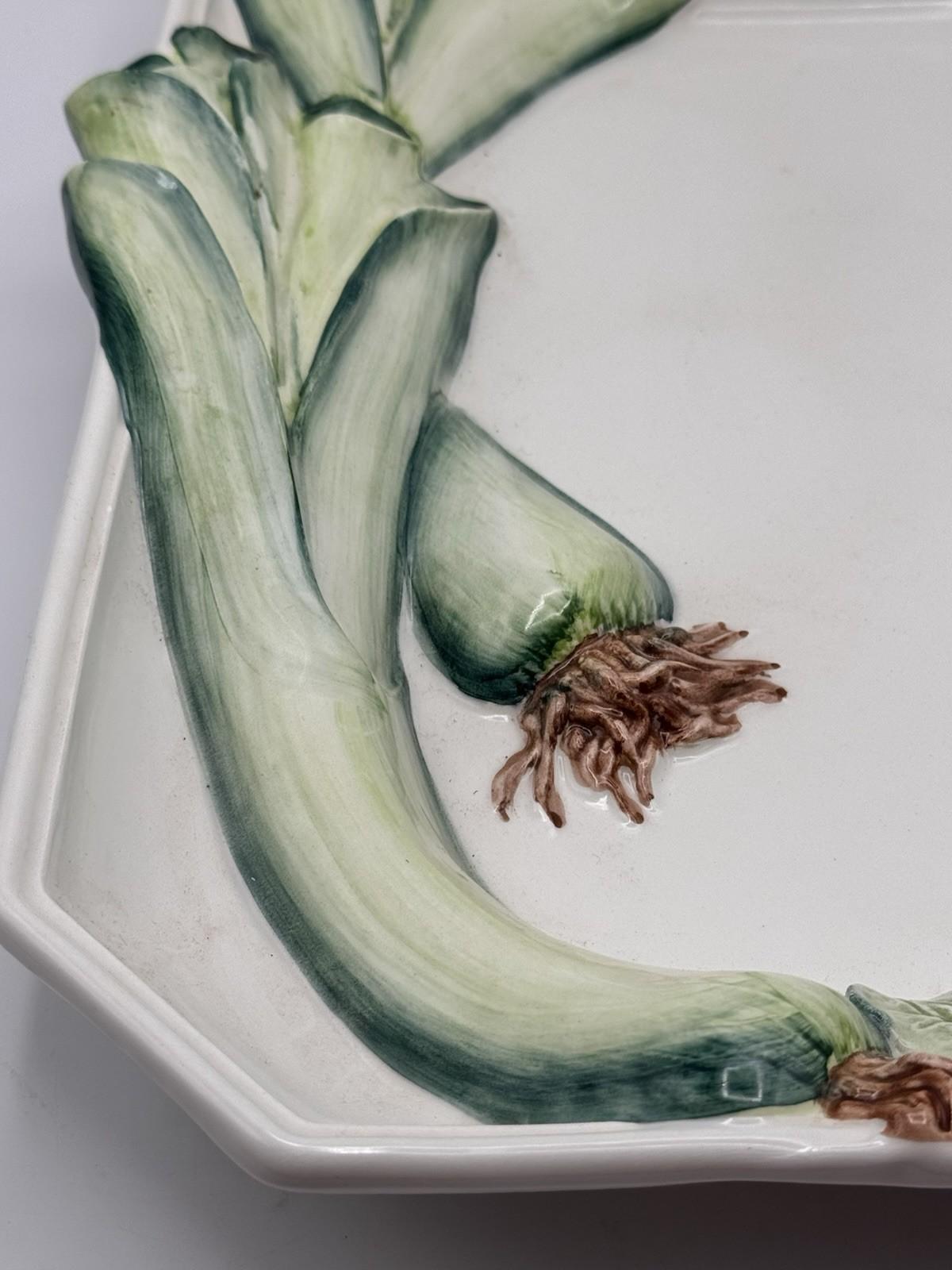 Vintage Platter Leek Scallion Majolica Octagonal Tray Carraro Italy Hand Painted