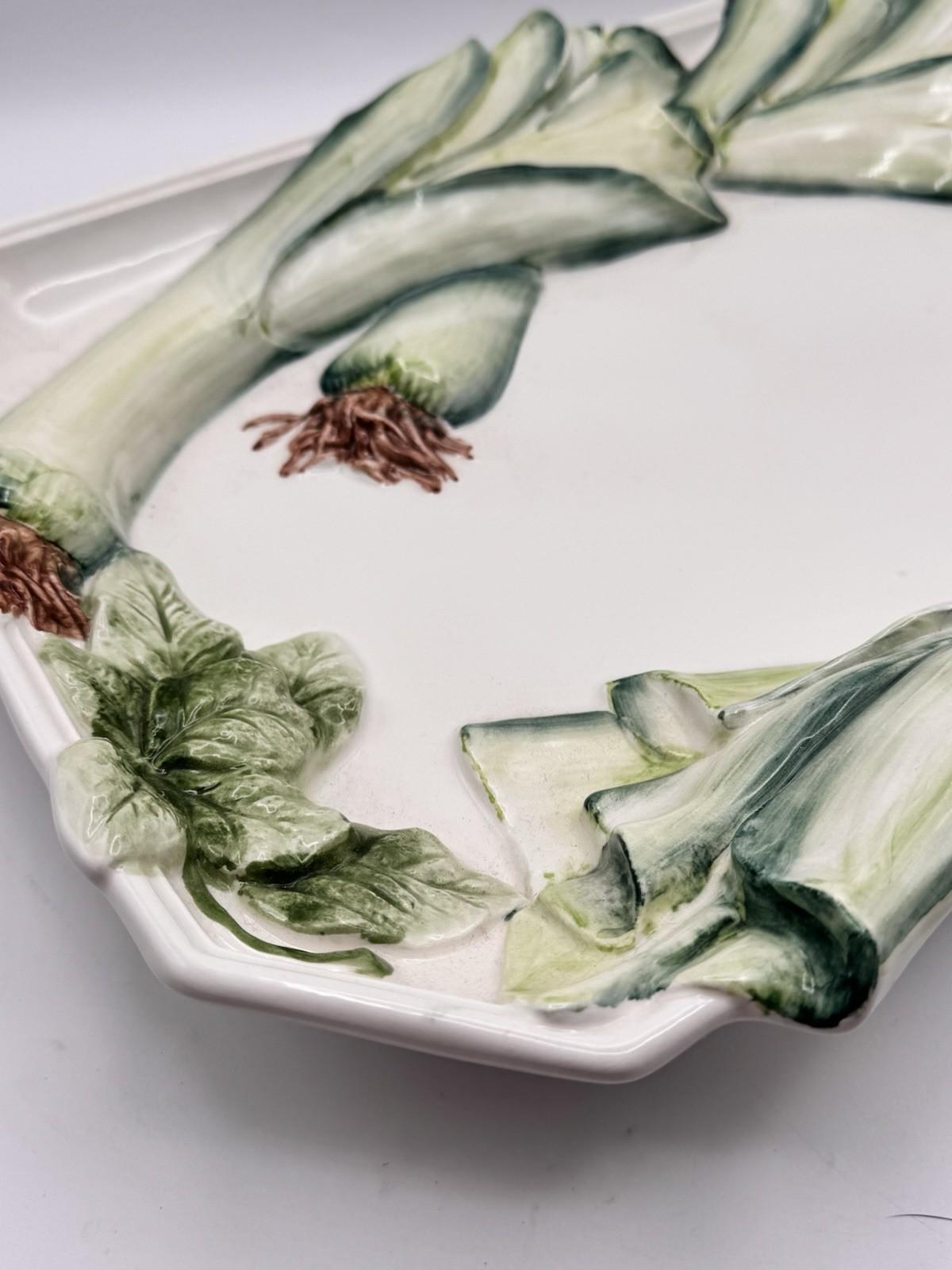 Vintage Platter Leek Scallion Majolica Octagonal Tray Carraro Italy Hand Painted