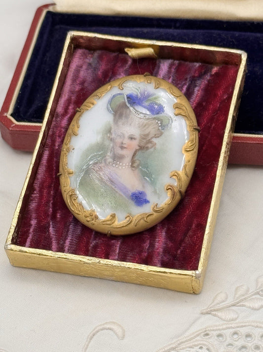 Antique Portrait Miniature Brooch Porcelain French Style Gilt Oval 2.1x1.6”