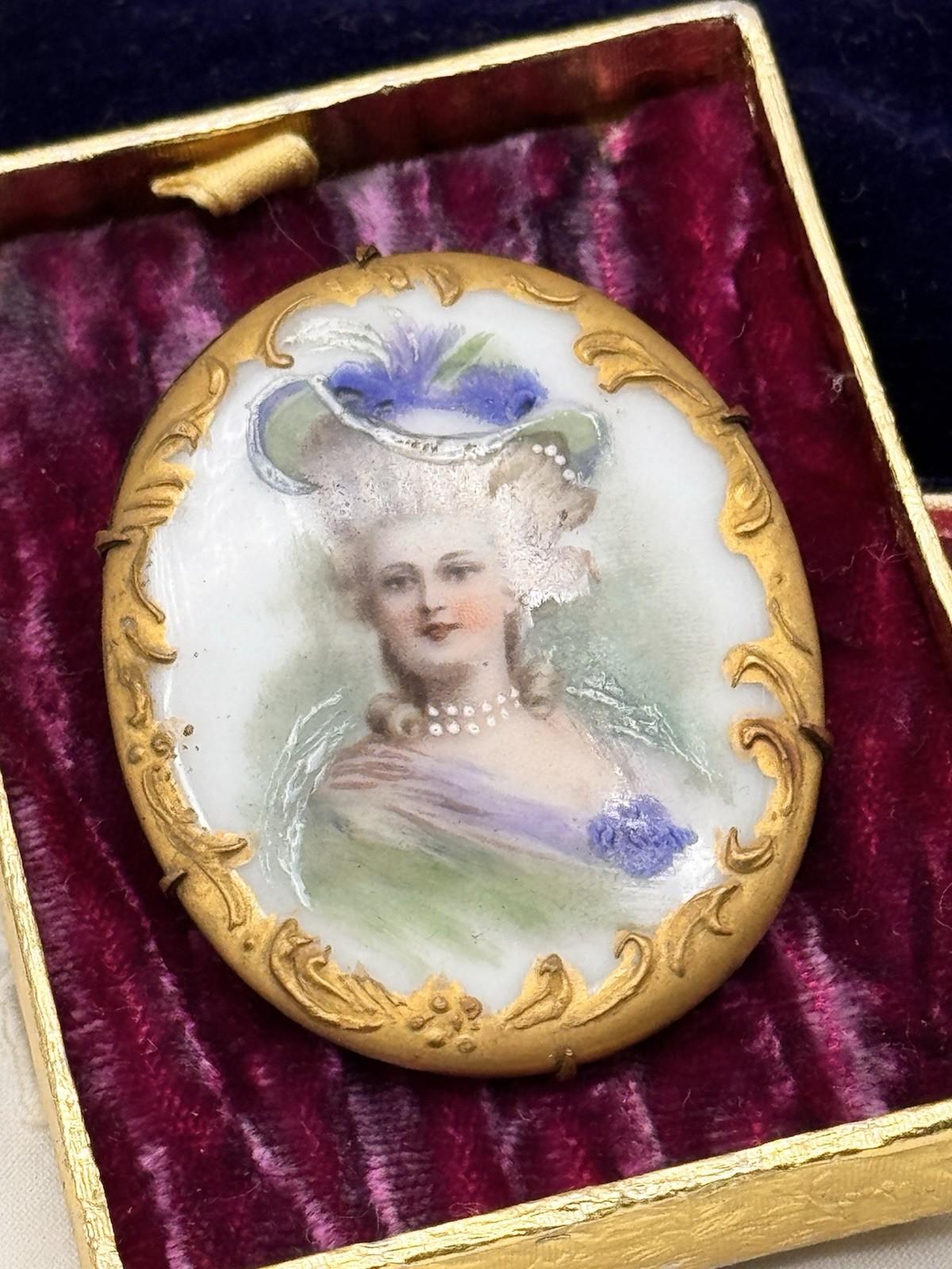 Antique Portrait Miniature Brooch Porcelain French Style Gilt Oval 2.1x1.6”