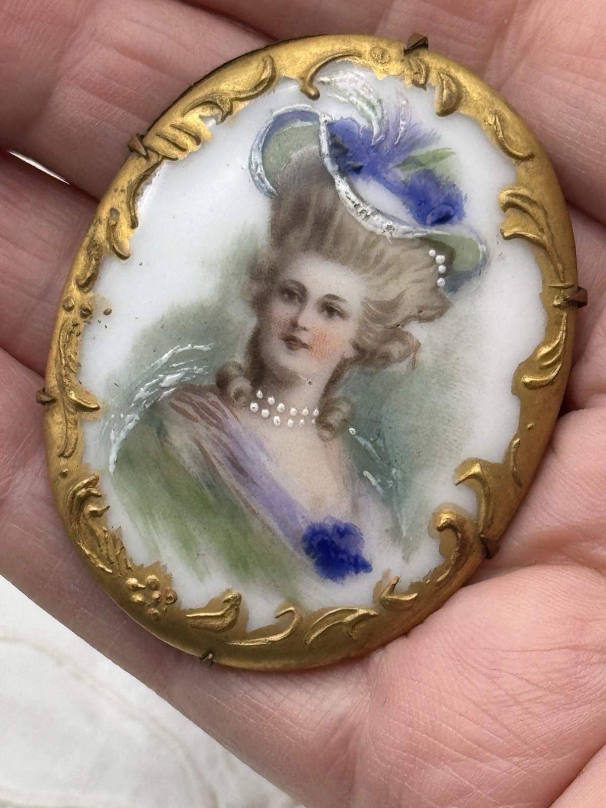Antique Portrait Miniature Brooch Porcelain French Style Gilt Oval 2.1x1.6”
