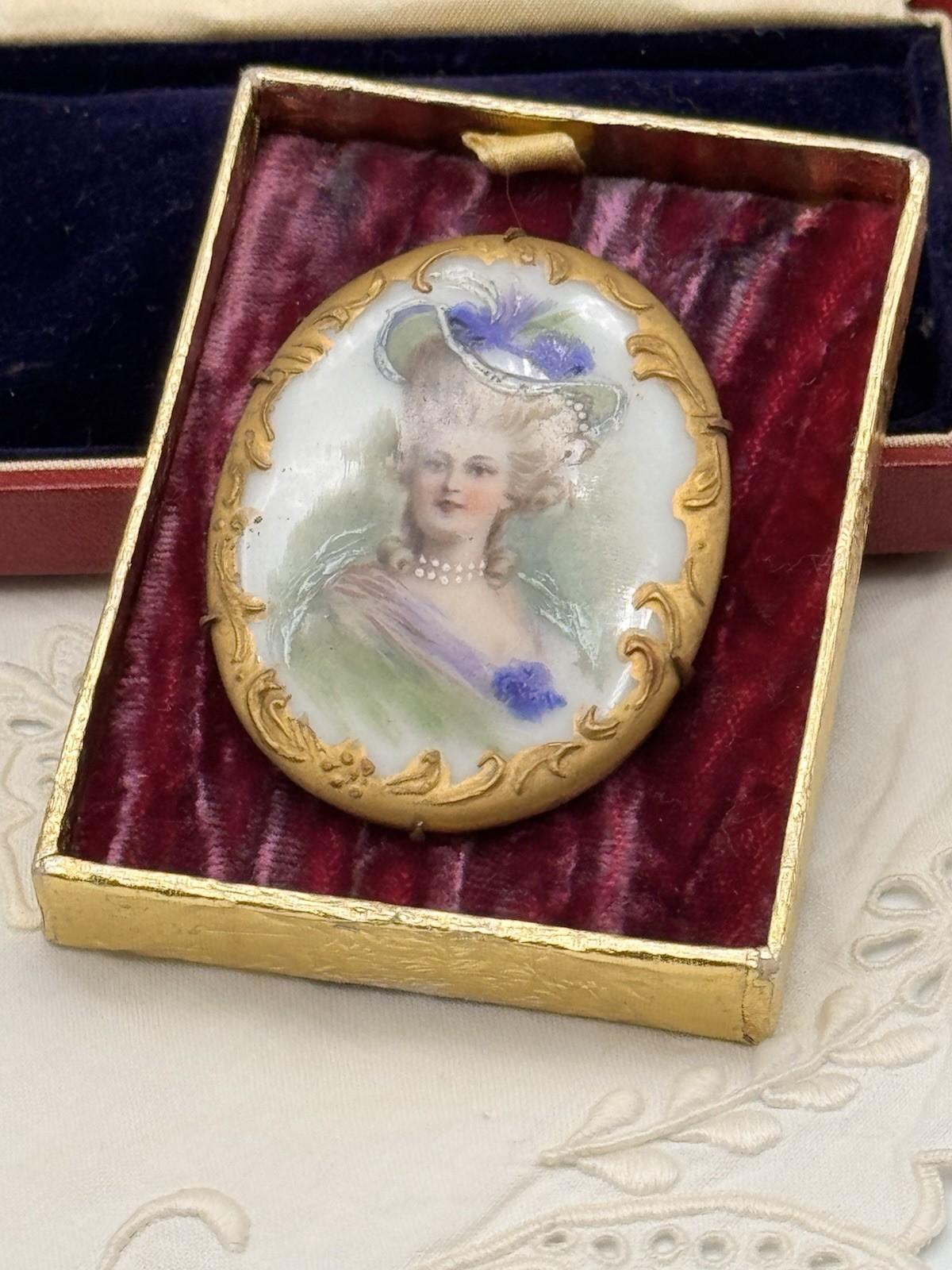 Antique Portrait Miniature Brooch Porcelain French Style Gilt Oval 2.1x1.6”