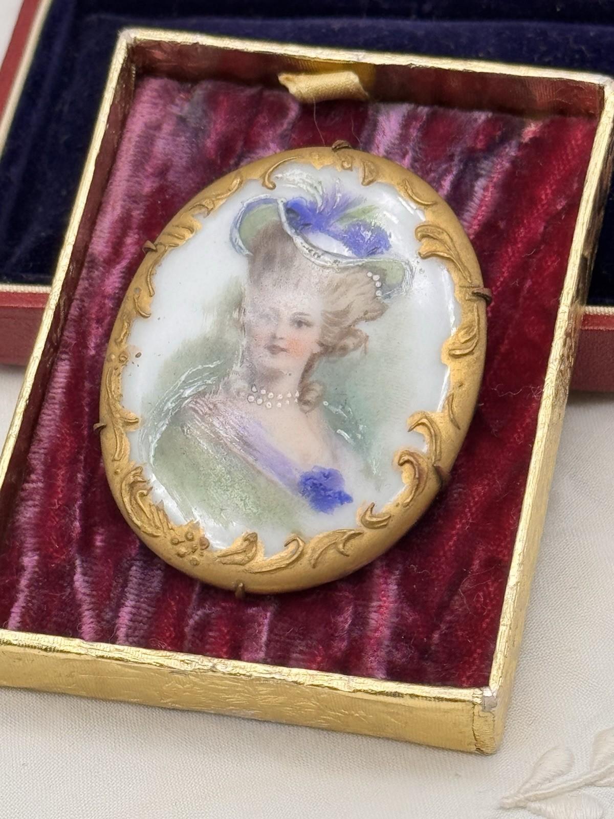 Antique Portrait Miniature Brooch Porcelain French Style Gilt Oval 2.1x1.6”