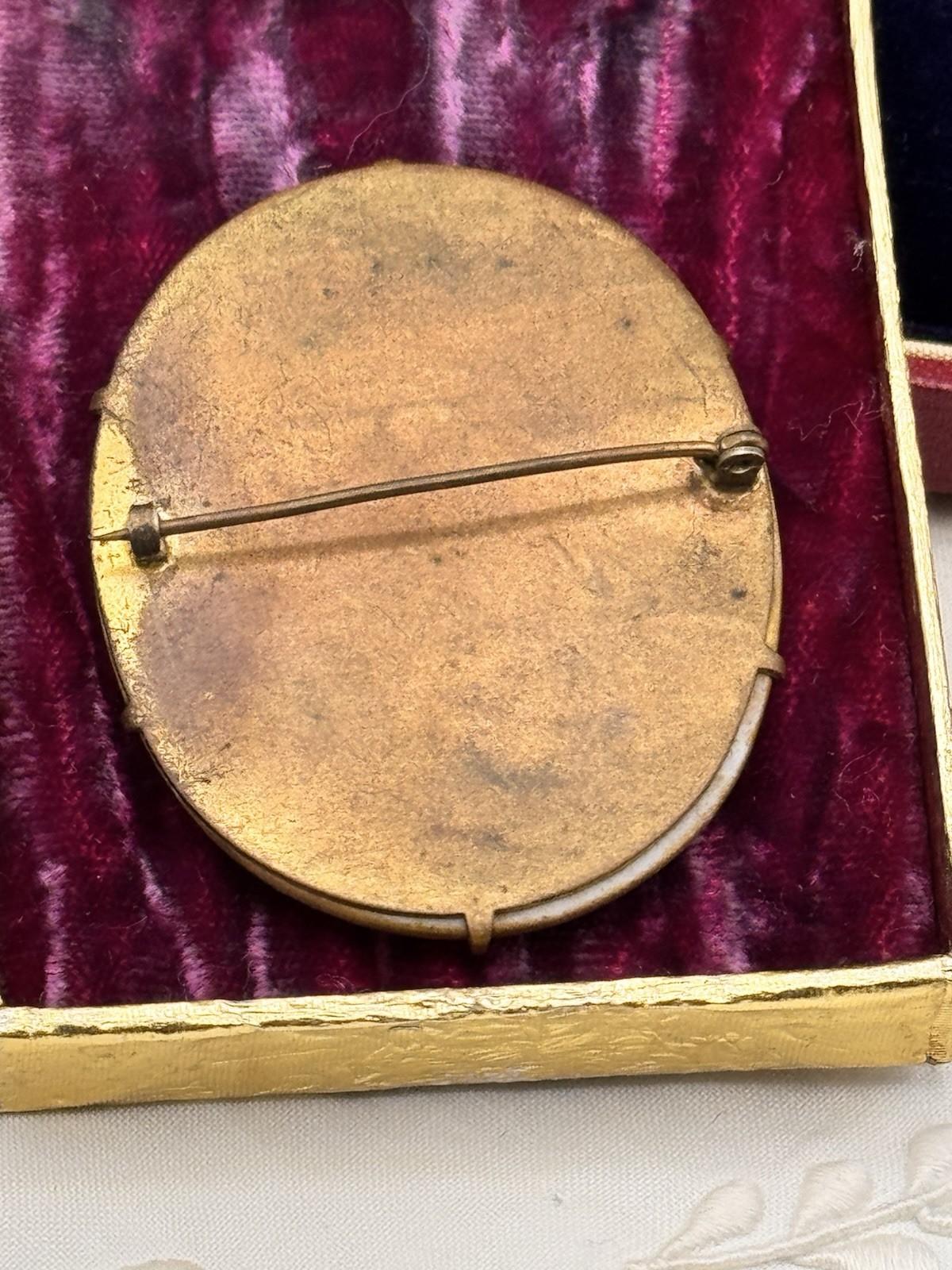 Antique Portrait Miniature Brooch Porcelain French Style Gilt Oval 2.1x1.6”