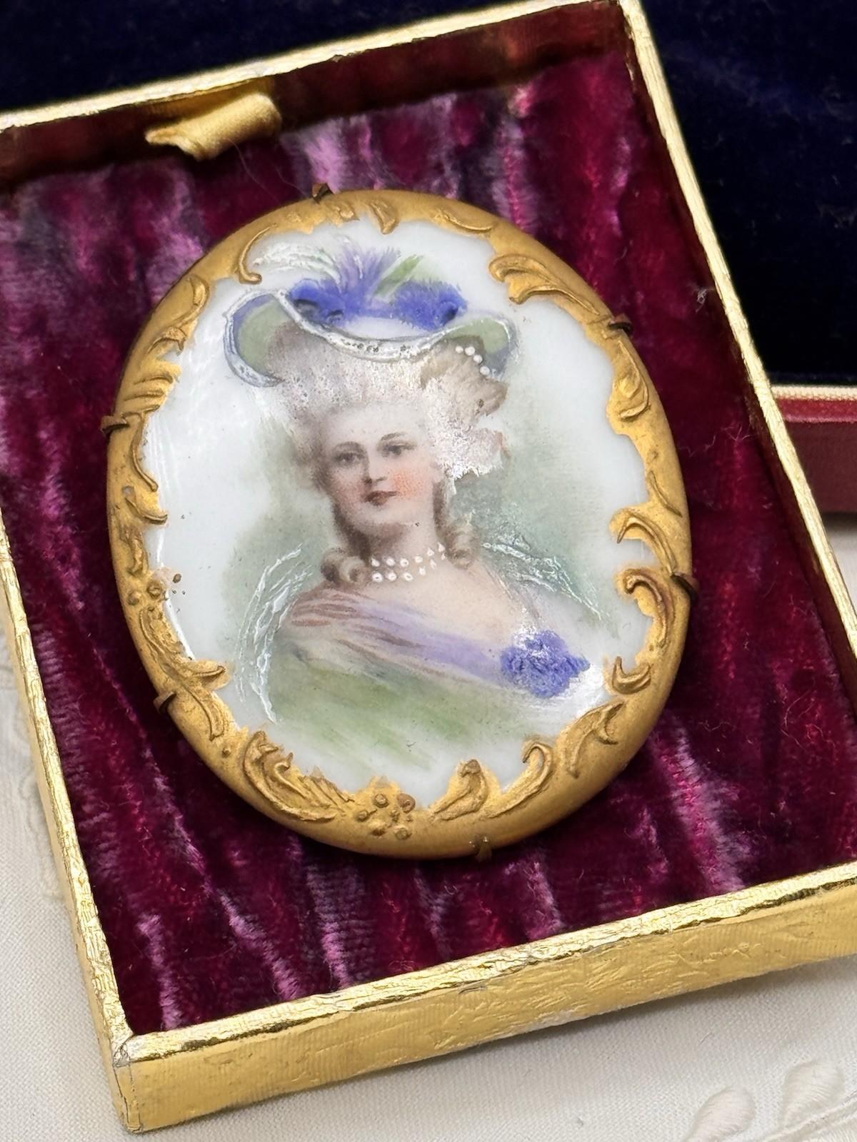Antique Portrait Miniature Brooch Porcelain French Style Gilt Oval 2.1x1.6”