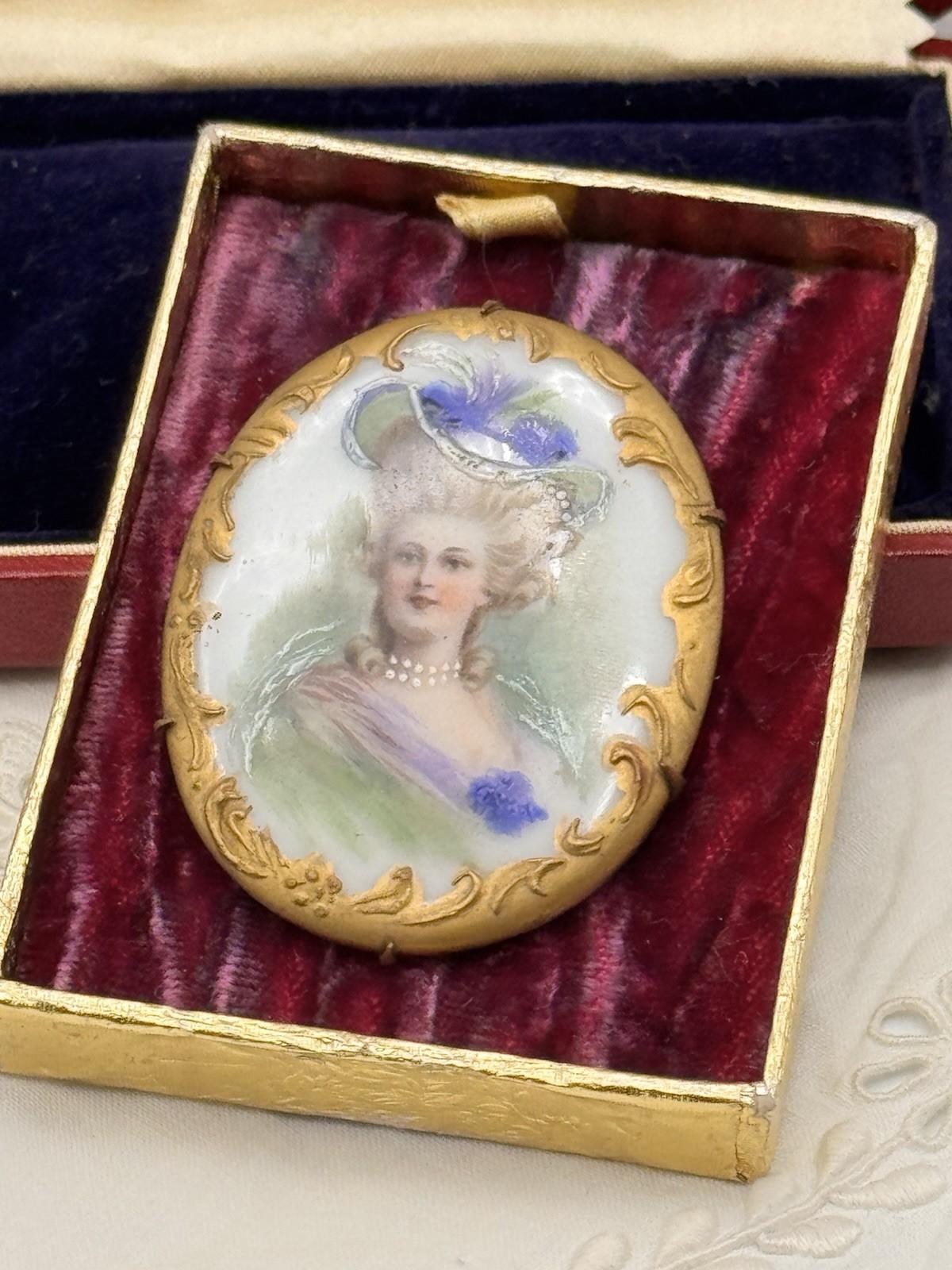 Antique Portrait Miniature Brooch Porcelain French Style Gilt Oval 2.1x1.6”