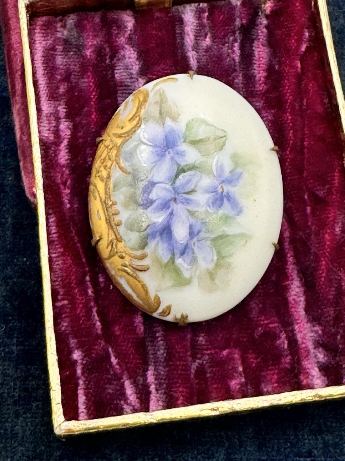 Antique Brooch Hand Painted Violet Porcelain Gilt Oval Victorian 1.75”