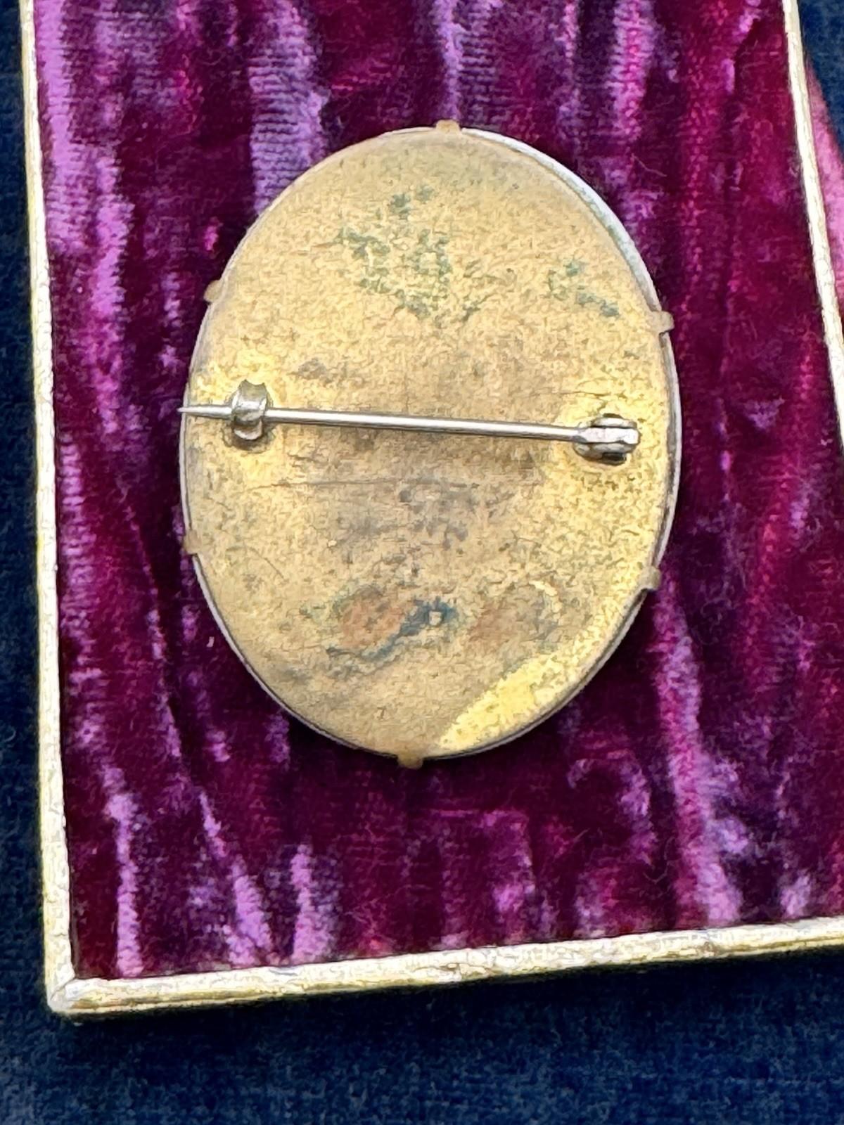 Antique Brooch Hand Painted Violet Porcelain Gilt Oval Victorian 1.75”