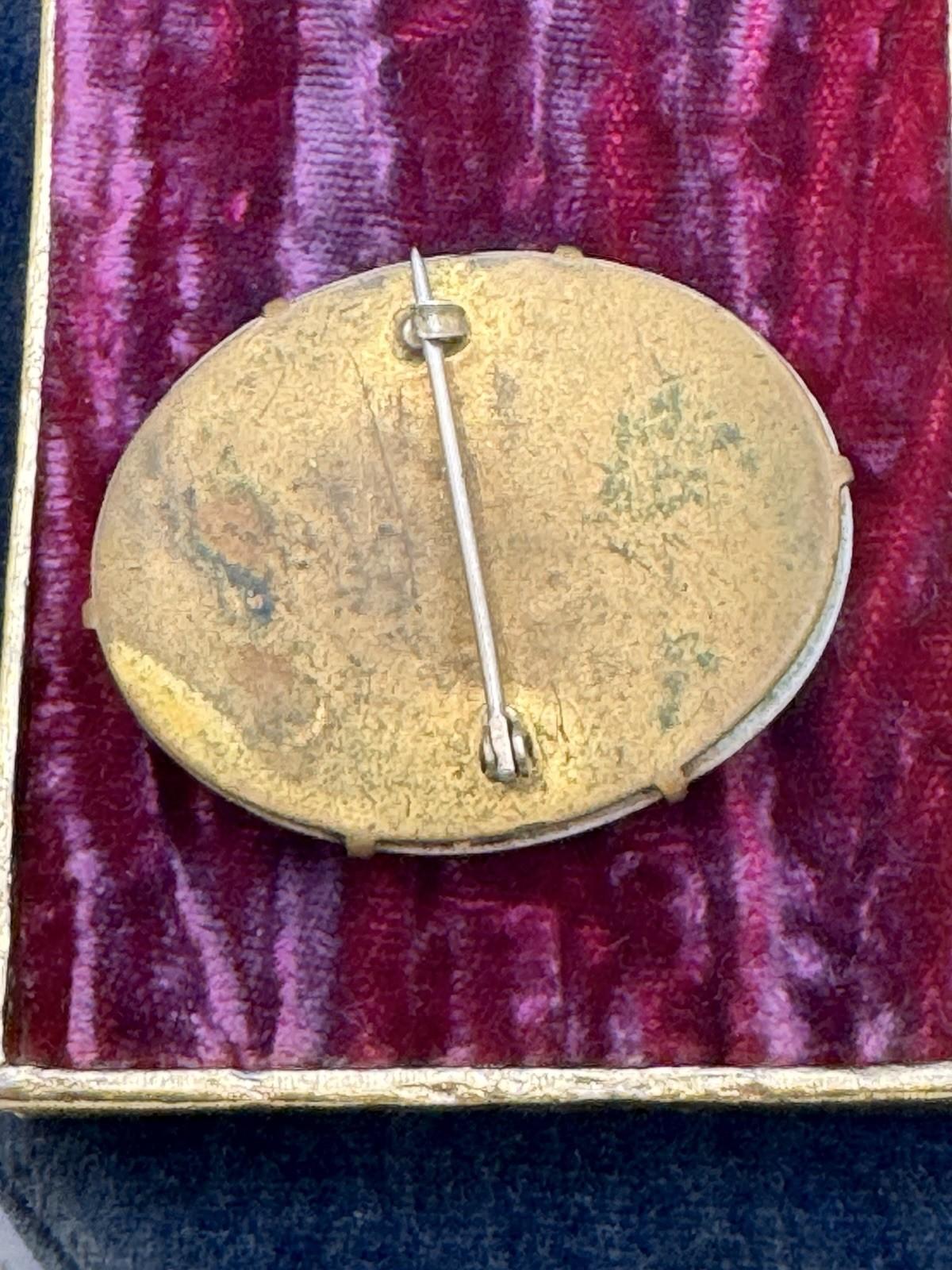 Antique Brooch Hand Painted Violet Porcelain Gilt Oval Victorian 1.75”