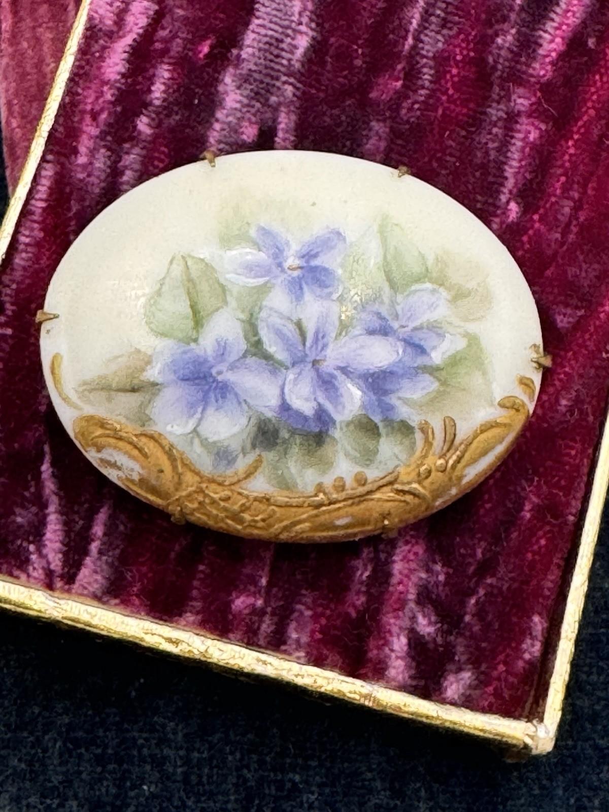 Antique Brooch Hand Painted Violet Porcelain Gilt Oval Victorian 1.75”