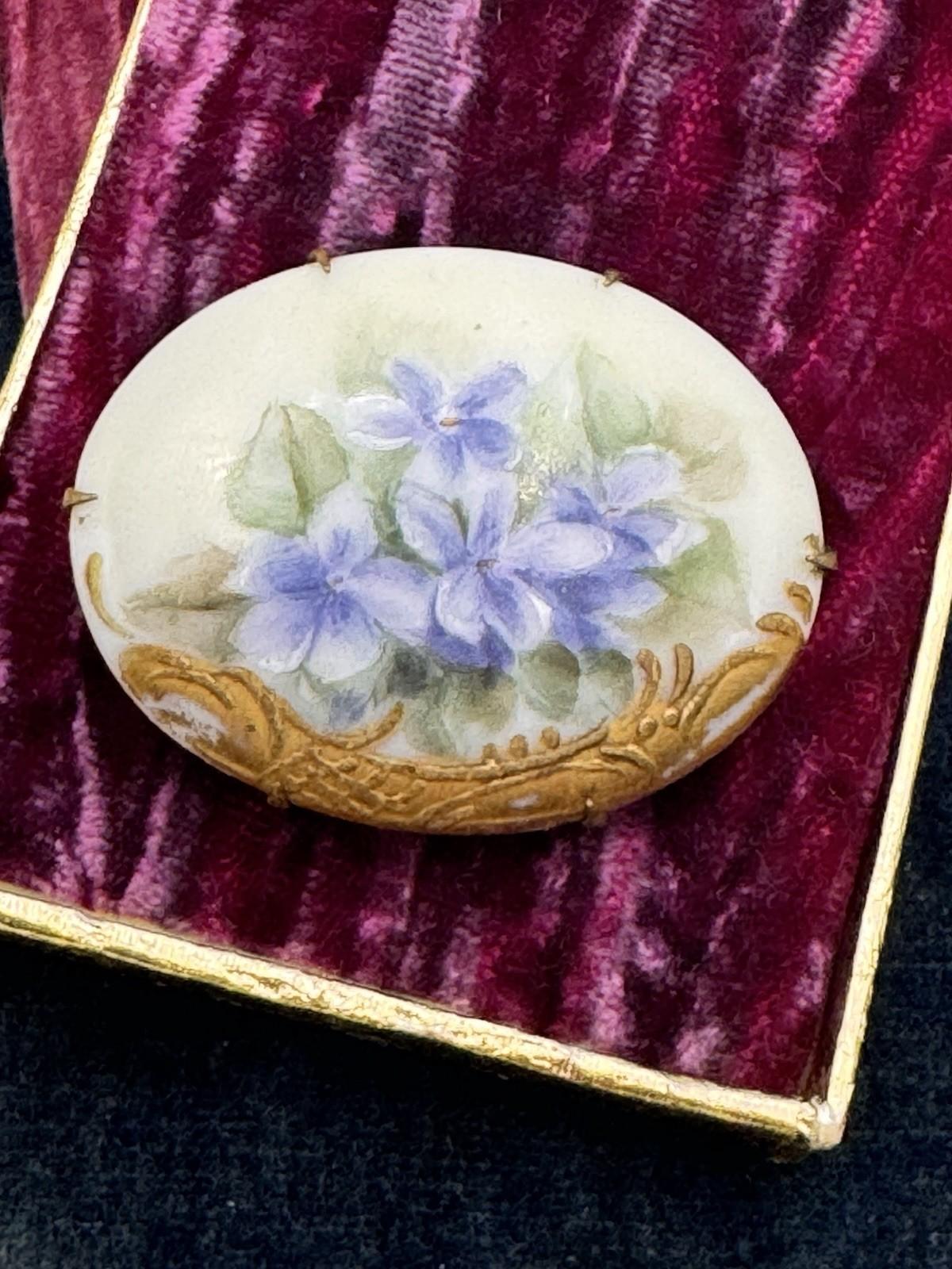 Antique Brooch Hand Painted Violet Porcelain Gilt Oval Victorian 1.75”