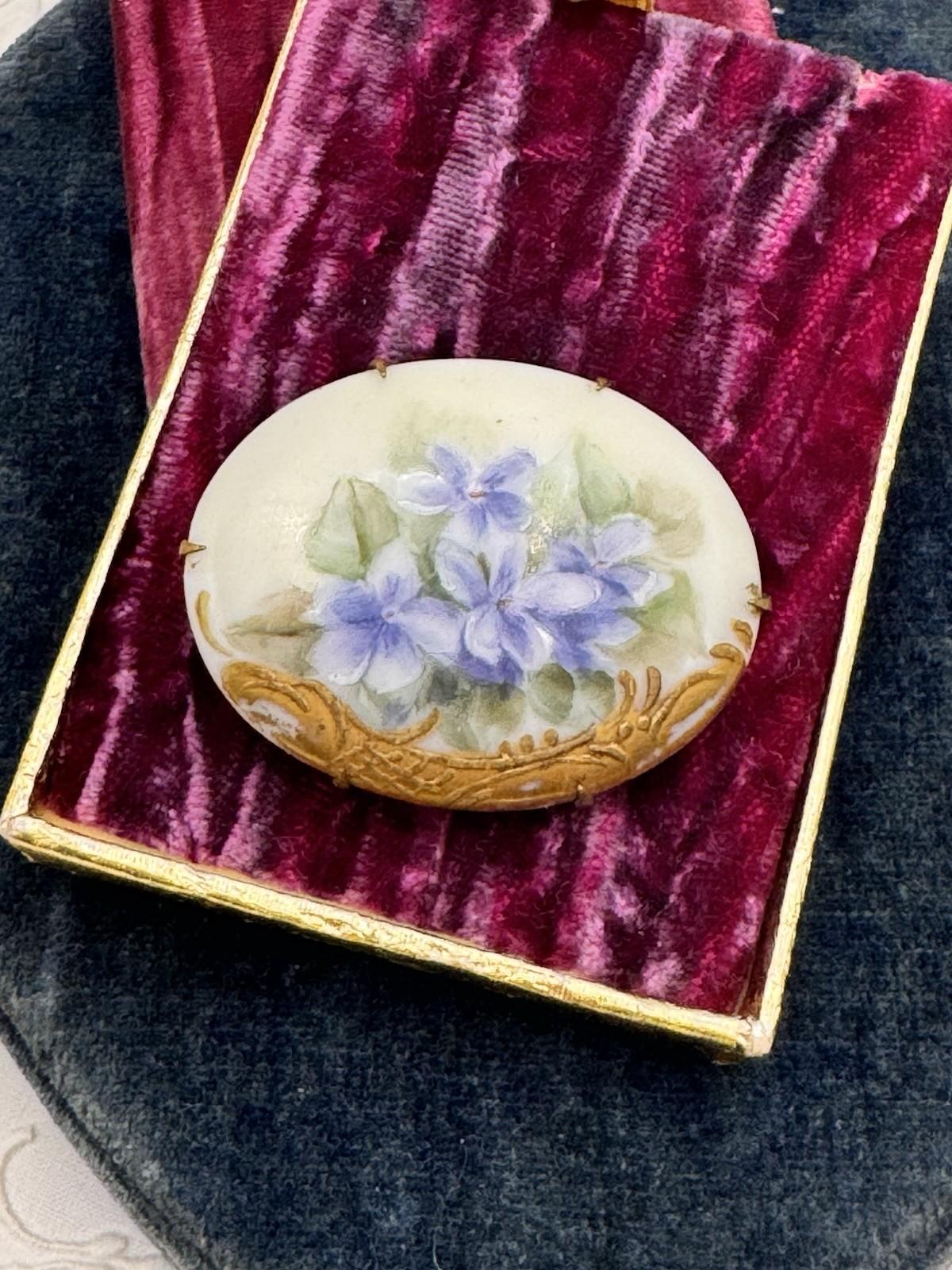 Antique Brooch Hand Painted Violet Porcelain Gilt Oval Victorian 1.75”