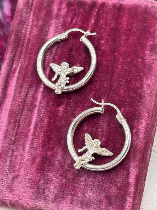 Sterling Angel Hoop Earrings 1” Cherub Dangle Sleeper Hoops Vintage Pierced