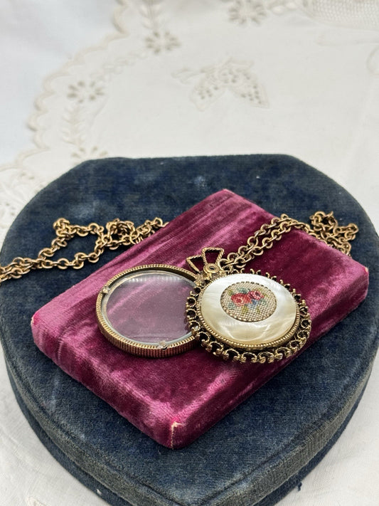 Vintage Loupe Pendant Necklace Magnifier Petit Point Rose Faux MOP 28”