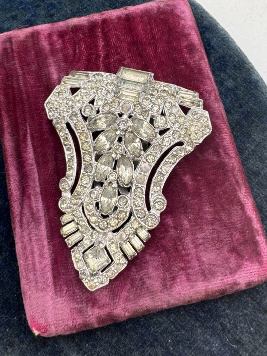 Vintage Art Deco Dress Clip Clear Rhinestone 2.25” Gatsby Style