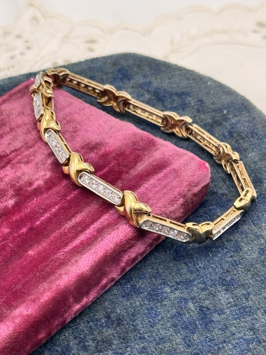 Vintage Tennis Bracelet Sterling Gold Plated JJT XOXO Link Clear Stones 7”