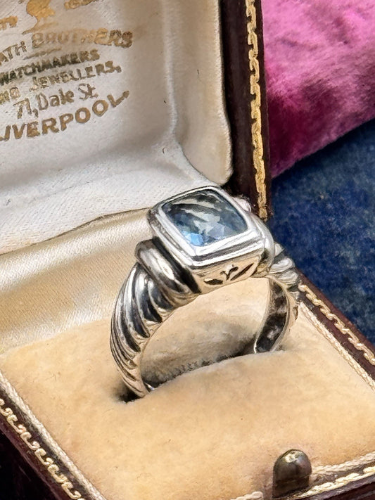 Vintage Sterling Ring Blue Stone Square Bezel Cable Band Chunky Unisex Size 7.5