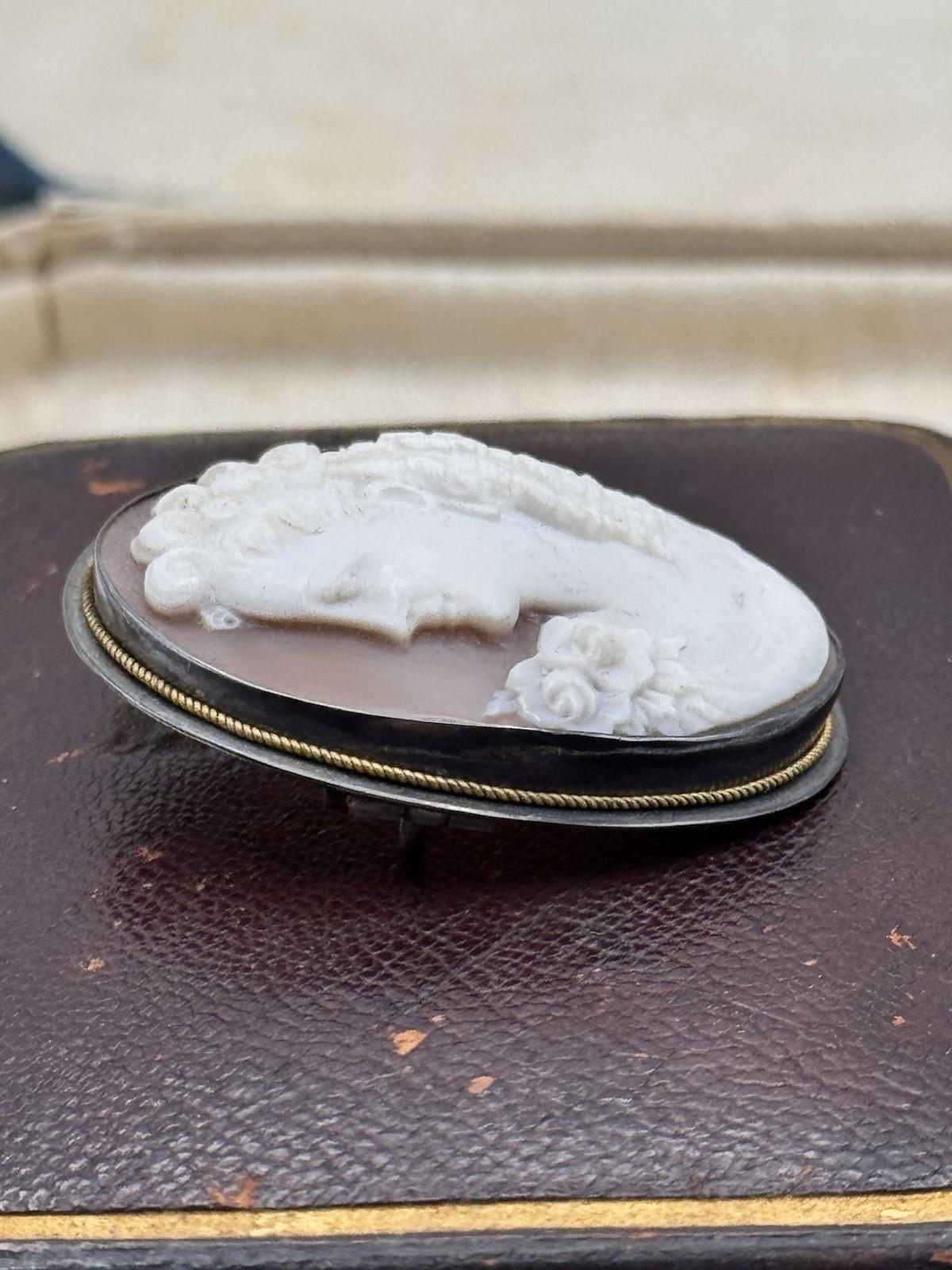 VICTORIAN Cameo Brooch Shell Carved Lady Left Facing C Clasp Rope Bezel Accent