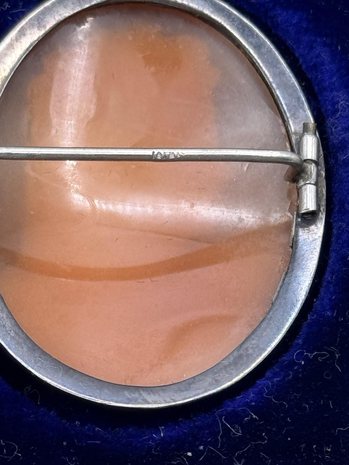 VICTORIAN Cameo Brooch Shell Carved Lady Left Facing C Clasp Rope Bezel Accent