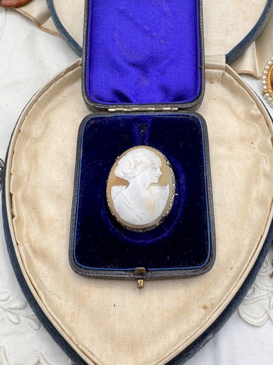 Edwardian Cameo Brooch Sterling Shell Carved Lady Portrait C Clasp 1.4x1.1”
