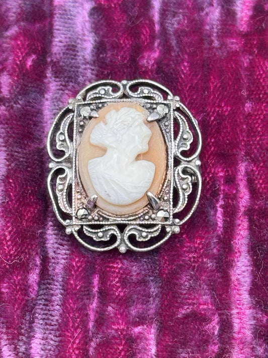 Vintage Sterling Cameo Brooch Marcasite Shell Carved Lady 1 x .8” Art Deco Style