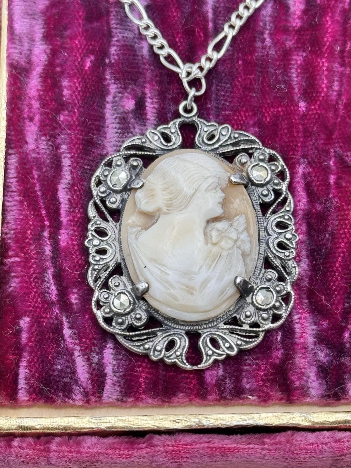 Sterling Cameo Pendant Marcasite Accents 18in Silvertone Chain Lady 1.5x1.2