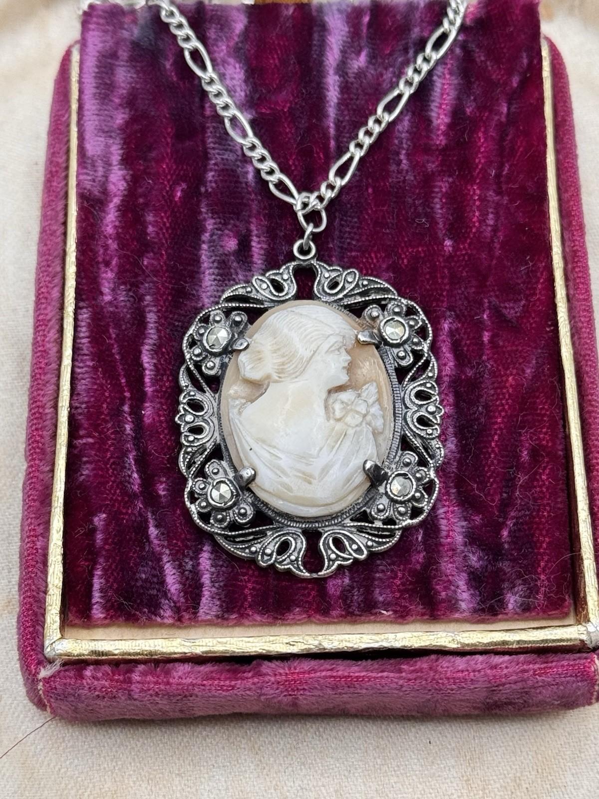 Sterling Cameo Pendant Marcasite Accents 18in Silvertone Chain Lady 1.5x1.2